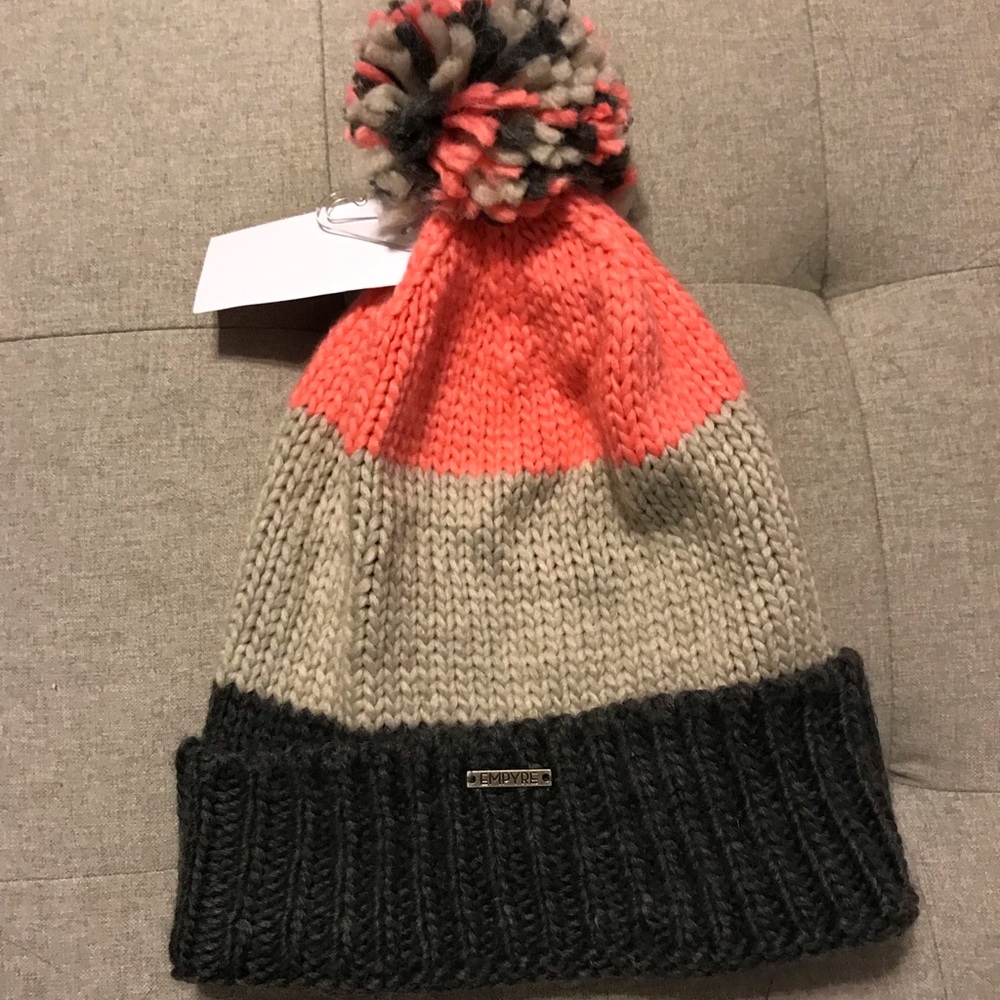 Zumiez Coral and Grey Stripe Beanie